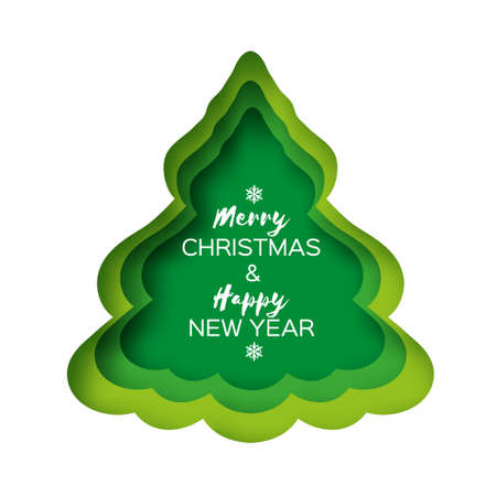 Christmas tree Greeting card. Happy New Year and Merry Christmas. Winter Holidays paper craft style. Green.のイラスト素材