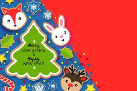 Happy New Year and Merry Christmas Greeting card. Christmas gingerbread paper cut style. Animals. Deer, Fox, Rabbit. Christmas tree frame. Winter holidays.のイラスト素材