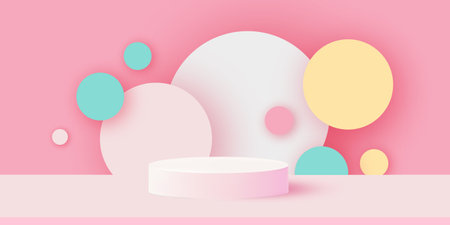 3D Podium scene or pedestal on pastel background with minimal geometric shapes paper cut craft studio for display product mockup design. Circles.のイラスト素材