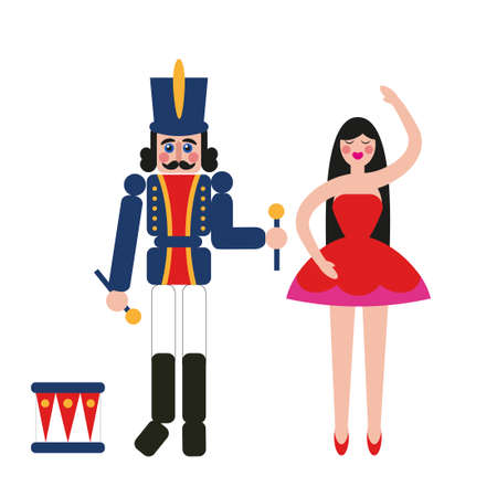 Nutcracker soldier and girl ballerina. Vintage Christmas and New Year toys.のイラスト素材
