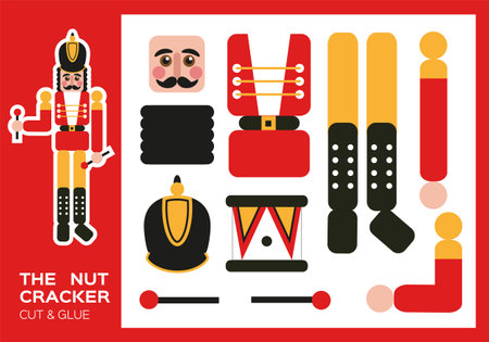 Nutcracker Cut and Glue. Traditional New Year Figurine Nutcracker. DIY Soldier. Worksheets for kids....