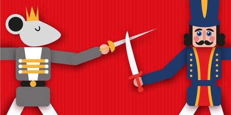 Nutcracker and Mouse King. Merry Christmas party. Happy New Year figurine. December ballet party. Vintage toys paper craft style.のイラスト素材