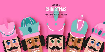 Pink Sugar Christmas Nutcracker in paper cut style. Cute soldier toy. December Ballet party. Creative Merry Xmas invitation. Happy New Year. Winter holidays. Space for text.のイラスト素材