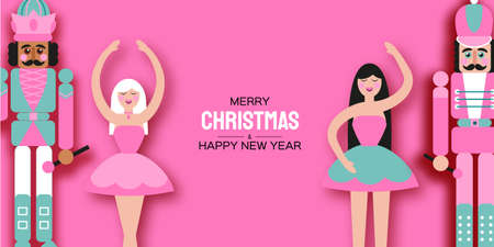 Pink Sugar Christmas Nutcracker and Clara Girl Ballerina in paper cut style. Cute soldier toy....