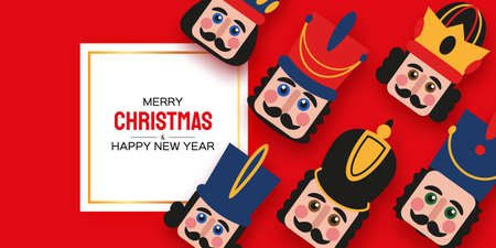 Christmas Nutcracker in paper cut style. Cute soldier toy. December Ballet party. Creative Merry Xmas invitation. Happy New Year. Winter holidays. Space for text.のイラスト素材