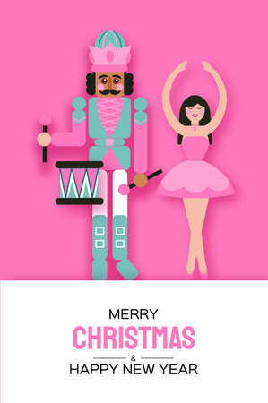 Pink Sugar Christmas Nutcracker and Clara Girl Ballerina in paper cut style. Cute soldier toy. December Ballet party. Creative Merry Xmas invitation. Happy New Year. Winter holidays. Space for text.のイラスト素材
