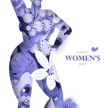 Floral female silhouette. Dancing woman. Flower bouquet. Happy Womens day. Happy Mothers Day. Venera, Venus female concept paper cut style. Bodypositive. Pink. Purple. Very peri.のイラスト素材