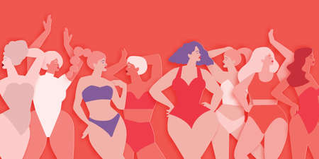Womens of different cultures dancing or standing together. Womens friendship. Happy Womens day. Mothers Day. Venera, Venus female paper cut style. Body positive. Summer time.のイラスト素材