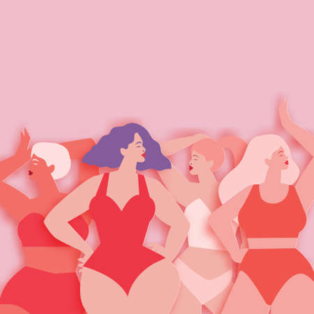 Four women of different cultures dancing or standing together. Womens friendship. Happy Womens day. Mothers Day. Venera, Venus female paper cut style. Body positive. Summer time.のイラスト素材