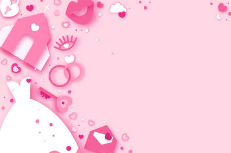 Wedding day. Wedding timeline. Church, I do, Toast. Dance. Happe Valentine s day. Happy holidays and honeymoon in paper cut style. Space for text. Pink colorのイラスト素材