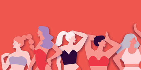 Five women of different cultures dancing or standing together. Womens friendship. Happy Womens day. Mothers Day. Venera, Venus female paper cut style. Body positive. Summer time. Swimsuit.のイラスト素材