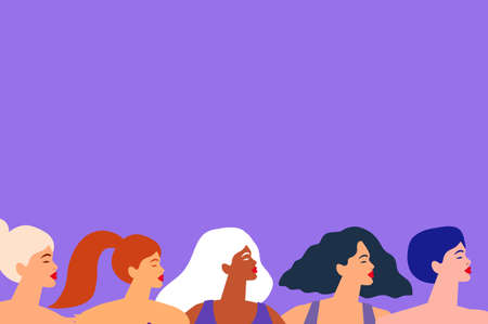 Five women of different cultures dancing or standing together. Womens friendship. Happy Womens day. Mothers Day. Venera, Venus female Body positive. Summer time. Swimsuit.のイラスト素材