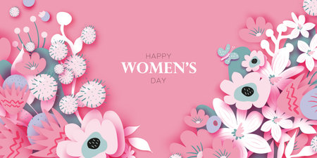 Floral Happy Womens Day. 8 March. Trendy Mothers Day. Paper cut Flowers. Origami Flowers. Spring blossom on pink. Heart frame. Text. Seasonal holiday. Modern decoration. Very peri.のイラスト素材