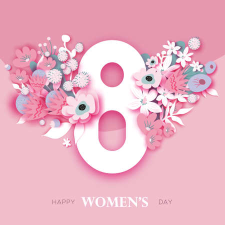 Floral Happy Womens Day. 8 March. Trendy Mothers Day. Paper cut Flowers. Origami Flowers. Spring blossom on pink. Spring time. Text. Seasonal holiday. Modern decoration. pink Very peri.のイラスト素材
