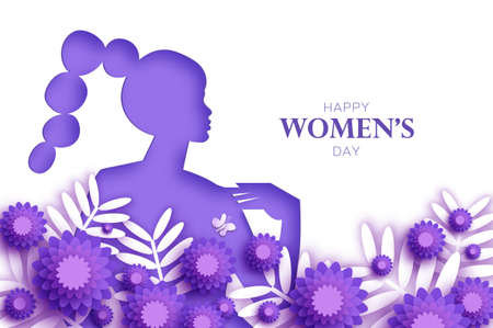 Floral female silhouette. Dancing woman. Flower bouquet. Happy Womens day. Happy Mothers Day. Venera, Venus female concept paper cut style. Body positive. Violet, Purple. Very peri.のイラスト素材
