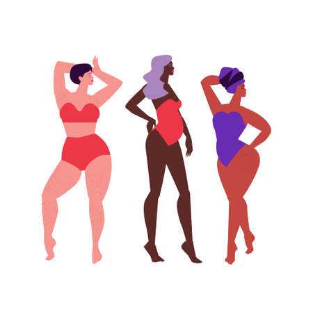 Feminist set of women. Set of beautiful diversity ladies. Poses for body positive girl. Love Your Body. Women with hairy legs and armpits, overweight, pregnant, stretch marks, cyllulitis. Flatのイラスト素材