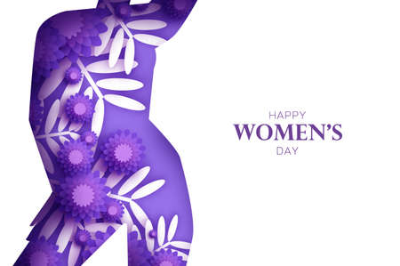 Floral female silhouette. Dancing woman. Flower bouquet. Happy Womens day. Happy Mothers Day. Venera, Venus female concept paper cut style. Body positive. Violet, Purple. Very peri.のイラスト素材