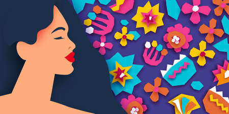 Female portrait with paper cut flowers. Happy Womens day. Happy Mothers Day. Abstract Hand drawn paper cut floral shapes. Trendy contemporary art. 8 March. Spring. Paper art work. Very peri colorのイラスト素材