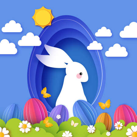 Happy Easter greetings card with Cute white rabbits in paper cut style. Bunny, flowers and butterfly. Spring holidays in modern style. Easter Egg Hunt with egg hunt. Spring scene.のイラスト素材