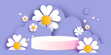 Flowers and clouds. Happy Womens Day or Mothers Day. 3D Podium scene or pedestal on pink minimal design paper cut craft studio for display product mockup design.のイラスト素材