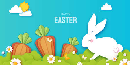 Happy Easter Rabbit with carrot. Cute white rabbits in paper cut style. Bunny, flowers and butterfly. Spring holidays in modern style. Easter Egg Hunt with egg hunt. Spring scene.のイラスト素材