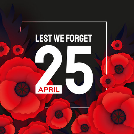 Anzac day with Bright Red Poppy flower in paper cut style. Lest we forget. National Day of Remembrance in Australia and New Zealand. April 25. Space for text.のイラスト素材