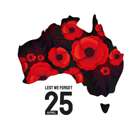 Anzac day with Bright Red Poppy flower in paper cut style. Lest we forget. National Day of Remembrance in Australia and New Zealand. April 25. Australia Map. Space for text.のイラスト素材
