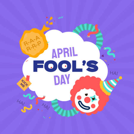 April Fools Day with Clown Character in flat cartoon style. April 1. Present box. Fools Day Poster. Funny spring holiday.のイラスト素材