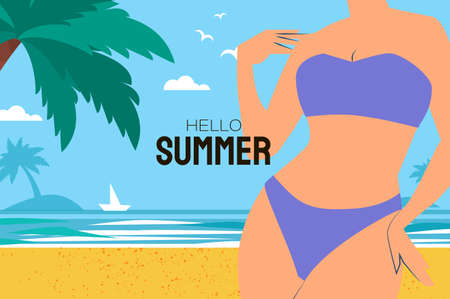 Hello summer. Time to travel. Happy young woman on a tropical beach wearing violet swimwear....