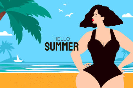 Hello summer. Time to travel. Happy young woman on a tropical beach wearing black swimwear. Summertime. Sea, sky, palms and beautiful beach.のイラスト素材
