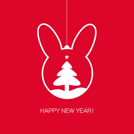 Christmas Ball Bunny frame with Christmas tree. Happy Chinese New Year 2023 Zodiac Rabbit sign, year of the Rabbit. Cute bunny. Christmas time. Red.のイラスト素材