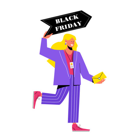 Black Friday Super Sale. Big sale promotion discount. Lady with Price Tags on Shopping. Big Discount. Promo Concept.のイラスト素材
