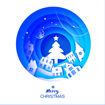 Winter Snowy Christmas. Urban Countryside Landscape with Houses. City Village Full Moon. Happy New Year paper art craft style. Circle frame. Blue.のイラスト素材