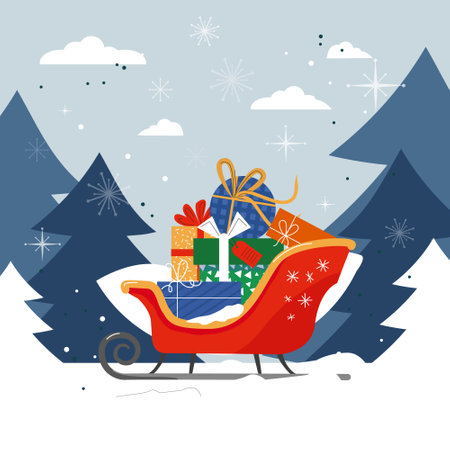 Santa sleigh with piles of presents. Happy New Year. Winter holidays. Lovely Christmas background with flat styleのイラスト素材