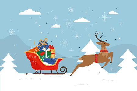 Christmas reindeer sleigh design for xmas celebration. Santa sleigh with piles of presents. Happy New Year. Winter holidays. Lovely Christmas background with flat styleのイラスト素材