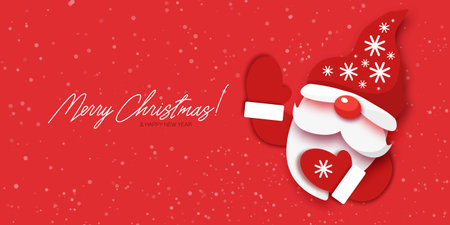 Christmas banner with Santa gnome. Winter holiday design for greeting card. Paper cutout hat, mustache and beard of Santa Claus. Merry xmas on red background. Paper cut out art styleのイラスト素材