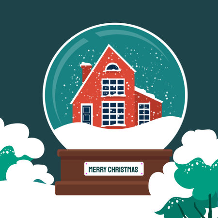 Christmas snowglobe with xmas scene in snow globe. Winter red house. Christmas tree. Happy New Year. Winter holidays. Flat styleのイラスト素材