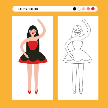 Nutcracker girl ballet dancer. Ballet Coloring page . Kids educational game in flat and outline design. Winter coloring book.のイラスト素材