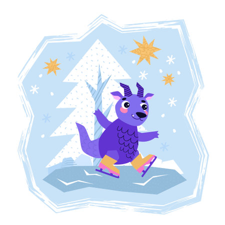Cute Dragon cartoon mascot character. Happy New Year of the Dragon. Dragon skates on an ice rink in a winter forest.のイラスト素材