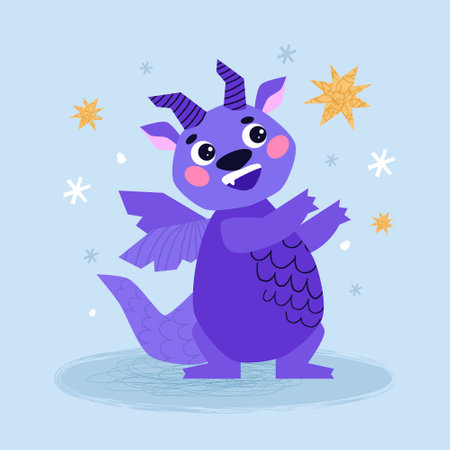 Cute Dragon cartoon mascot character. Happy New Year of the Dragon. dragon and gold stars.のイラスト素材