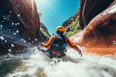 Canyoning extreme sport. canyoning expedition, popular trails, hard impressive spot. Man Exploring a wild untamed river canyon. Energy, freedom and adrenaline, back view. generative aiの素材