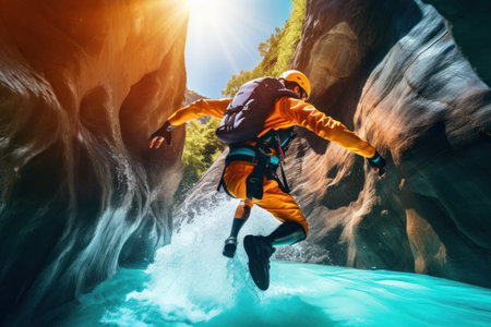 Canyoning extreme sport. canyoning expedition, popular trails, hard impressive spot. Man Exploring a wild untamed river canyon. Jump and guy in river with energy, freedom and adrenaline generative aiの素材