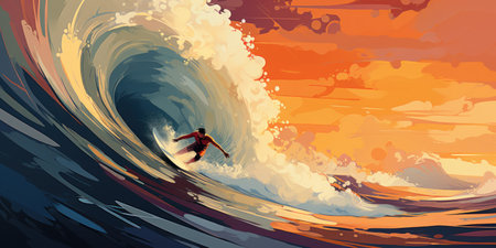 Professional surfer riding waves. man catching waves in ocean Surfing action water board sport. Water sport. Beach swimming activity on summer vacation. extreme sport. surfing at sunset time - generative AIの素材