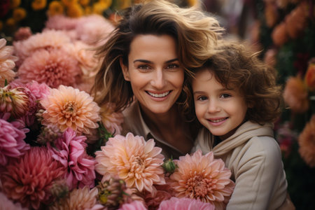 Happy mother's day. Child daughter and her mother smiling happily surrounded by a huge array of flowers. Spring summer time, flower market with fresh flowers - generative AIの素材