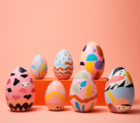Happy Easter Greetings card of some colorful painted Easter eggs with different designs, dot and stripes, peach fuzz colors, unique contemporary pattern. Front view - generative AIの素材
