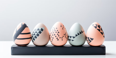 Painted Easter eggs gray,pink colored in row on white background with copy space. Natural pastel shades. Easter holiday food, minimal design aesthetic flat lay - generative AIの素材