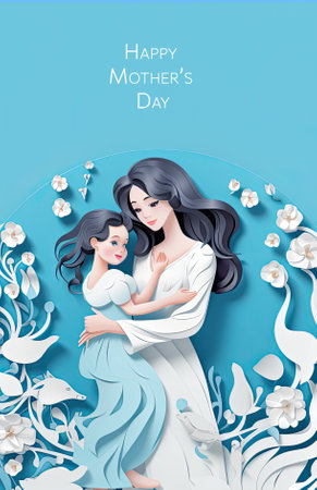 Happy Mother day. Happy mother holding a cute child in papercut style. Maternal love. Happy daughter hugging mom on a pastel blue backgroundの素材