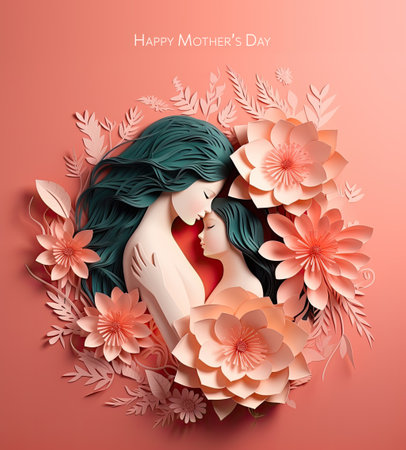 Happy Mother day. Happy mother holding a cute child in papercut style. Maternal love. Happy daughter hugging mom on a fuzz peach background.の素材