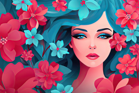 8th March. Happy International Women's day with portrait young woman, flowers in hair. Romantic floral composition.の素材