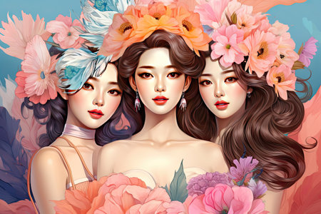 Asian beauties. Beautiful brunette fantasy asian woman with colorful peony flowers. 8 March, Happy Women's day with peony flowers pastel peach pink blue color.の素材